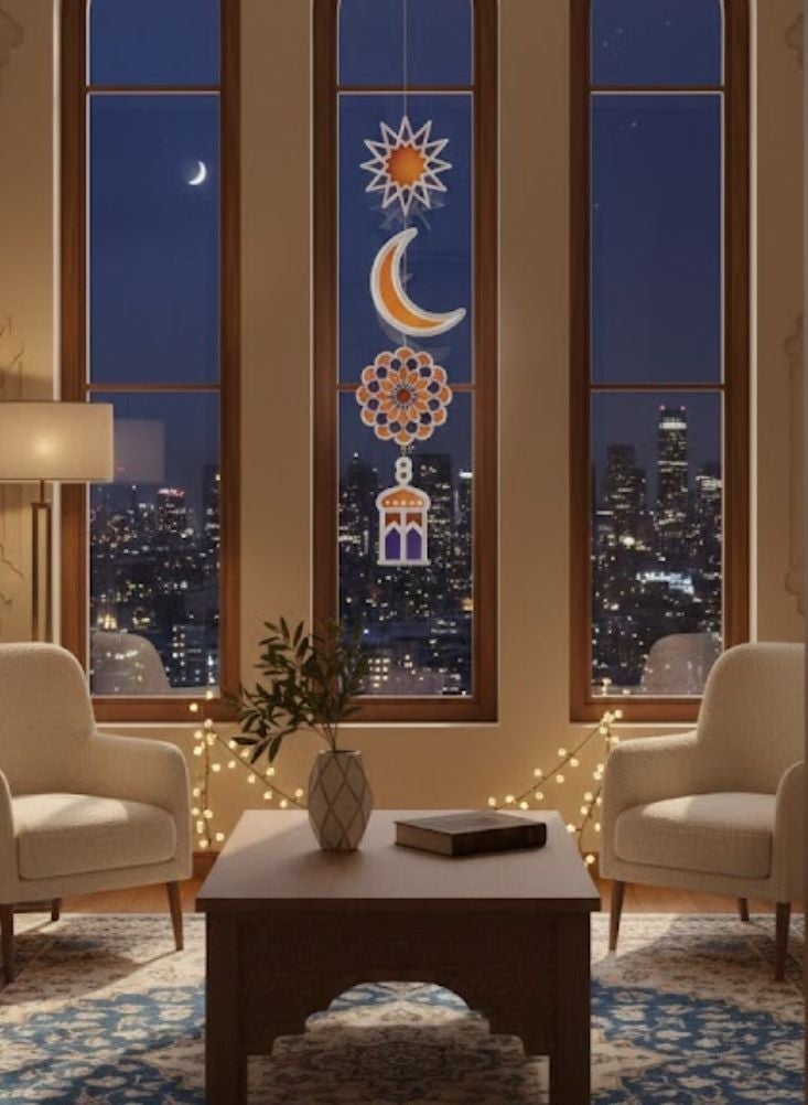 بريميم زينة رمضان المعلقة للنافذة - زينة عمودية على شكل هلال ونجمة وفانوس لتزيين المنزل والنافذة - Image 2